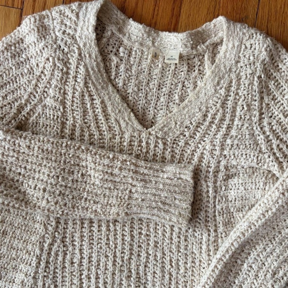 Anthropologie MOTH‎ Women V-Neck Sweater Oatmeal Sz XS Chunky Cottagecore